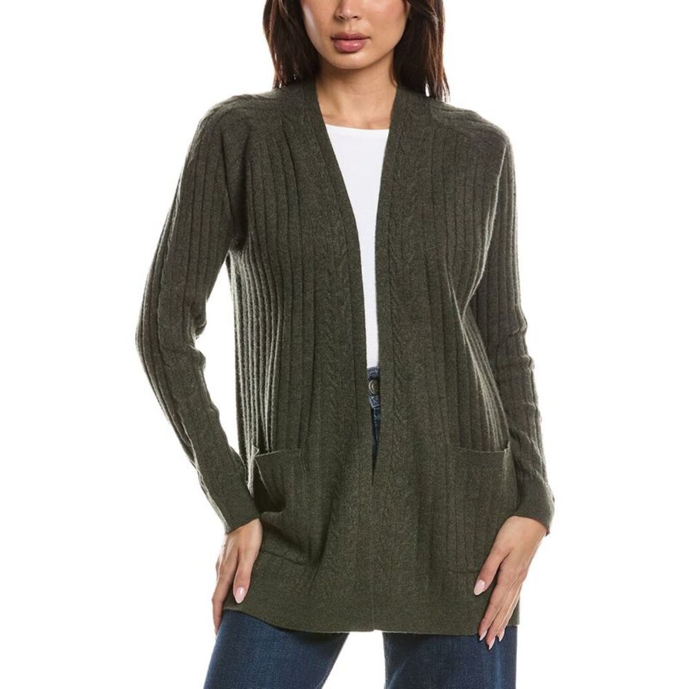 Forte Cashmere Womens  Easy Cable Detail 100% Cashmere Cardigan, Green